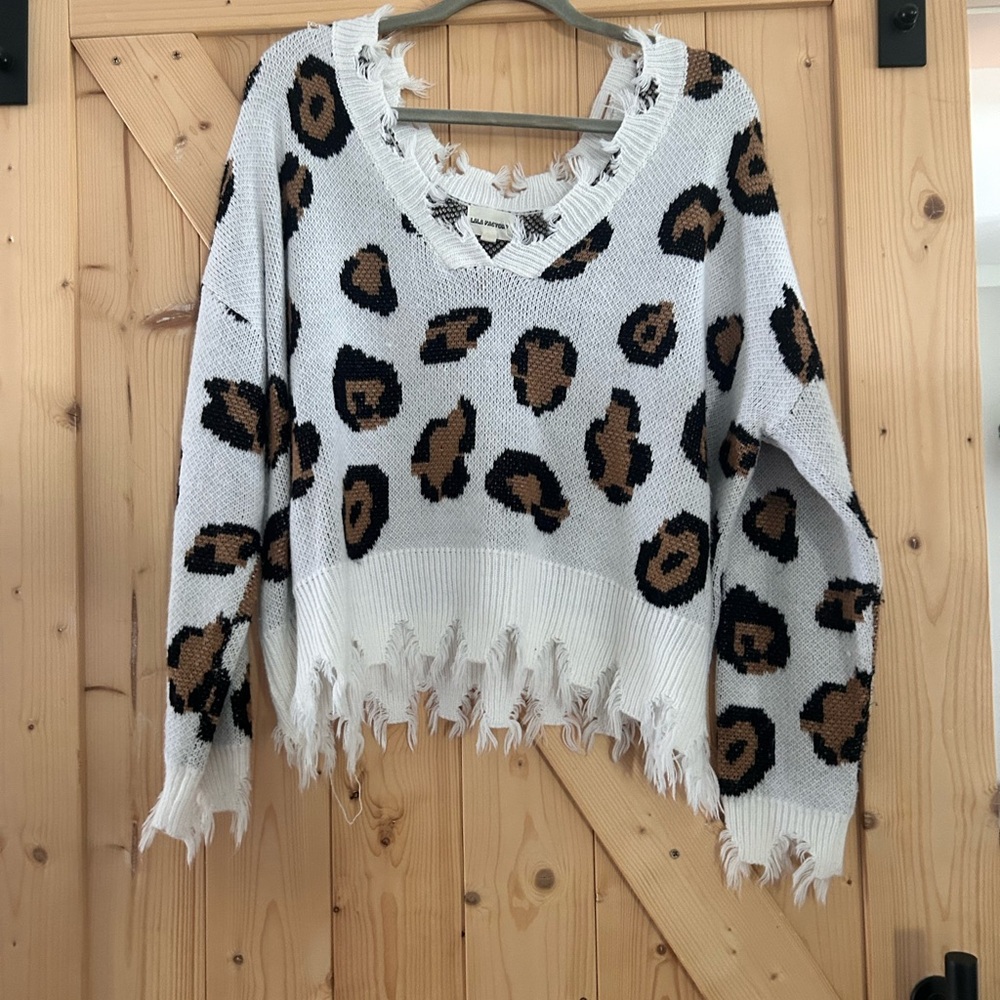 Cream Distressed V-Neck Sweater